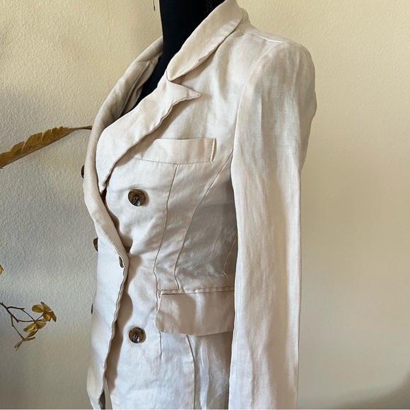 Cat’s y2k Chic Cream Linen Double-Breasted Blazer w Pockets & Brown Buttons - Picture 3 of 10